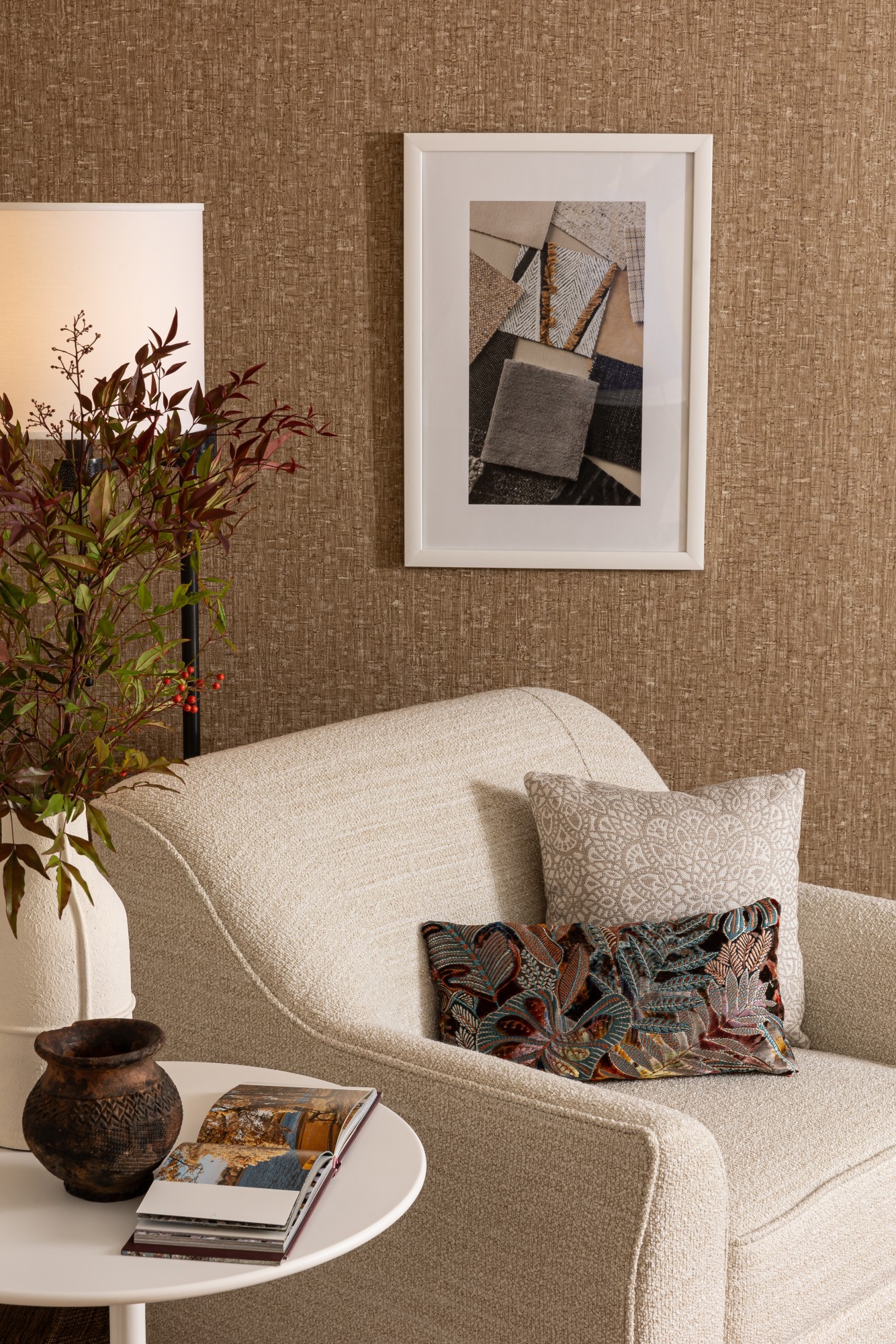 2353-01 Catnap Georgian Crystal, 5014-01 Daintree Coral Bells, 8351-02 Lotus Sand Dunes, V114-06 Catalonia Honey Granola Installation Image