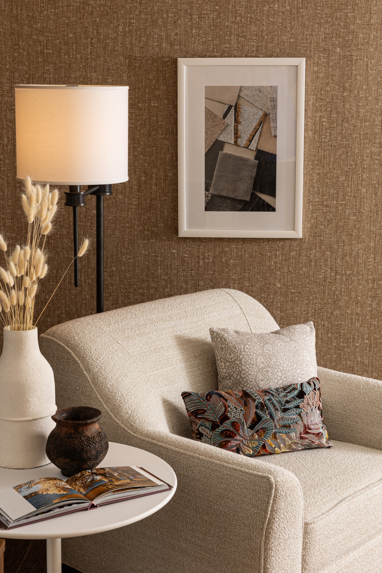 2353-01 Catnap Georgian Crystal, 5014-01 Daintree Coral Bells, 8351-02 Lotus Sand Dunes, V114-06 Catalonia Honey Granola Installation Image