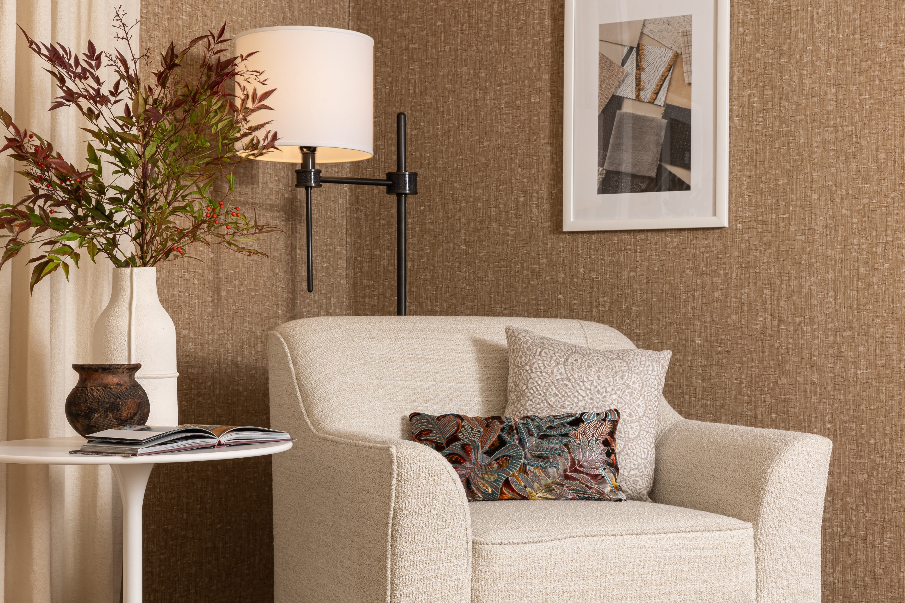 2353-01 Catnap Georgian Crystal, 5014-01 Daintree Coral Bells, 8351-02 Lotus Sand Dunes, V114-06 Catalonia Honey Granola Installation Image