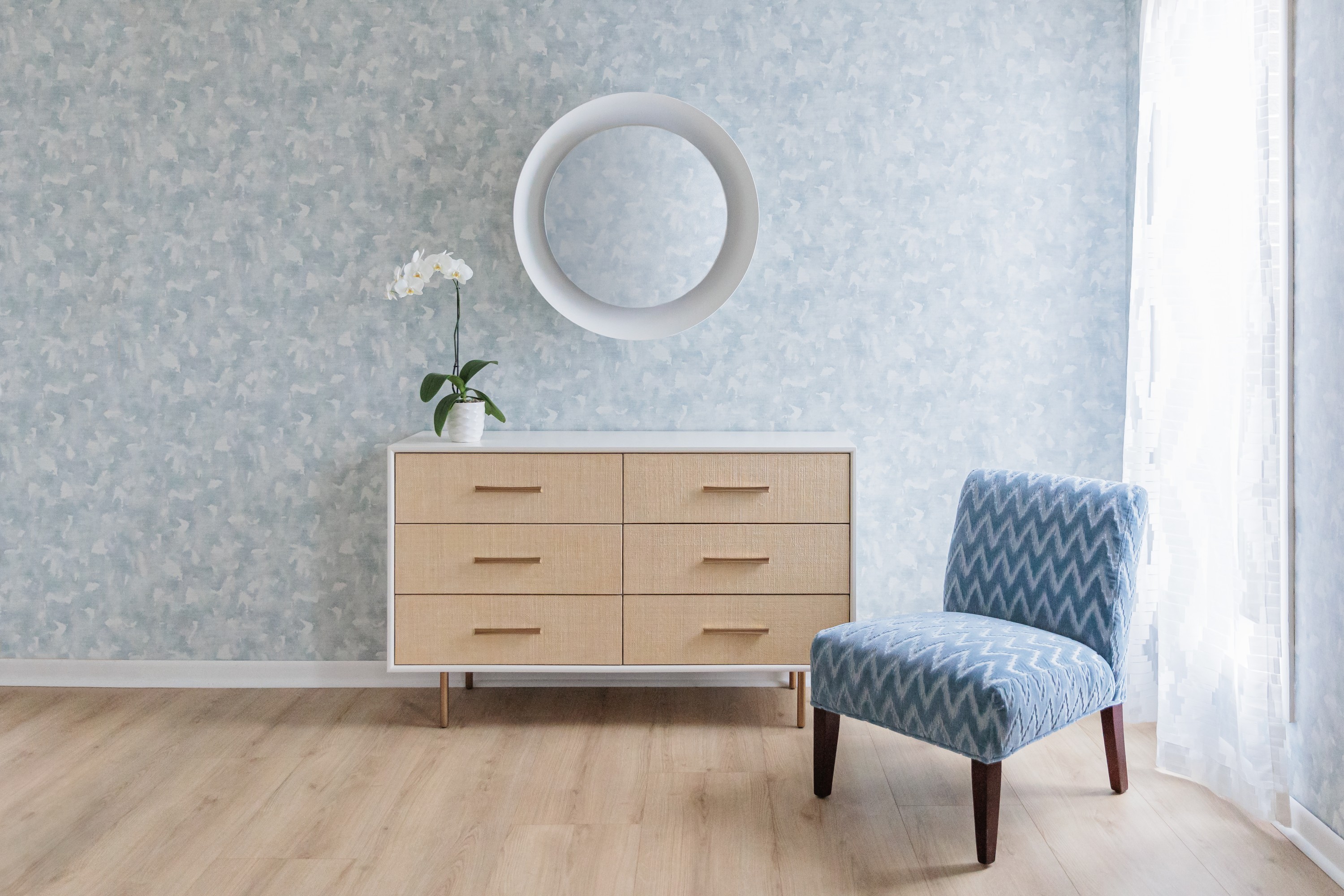 4262 Andamento Skyline, V103-04 Hikaru Powder Blue, 4121-01 Akari White Light Installation Image