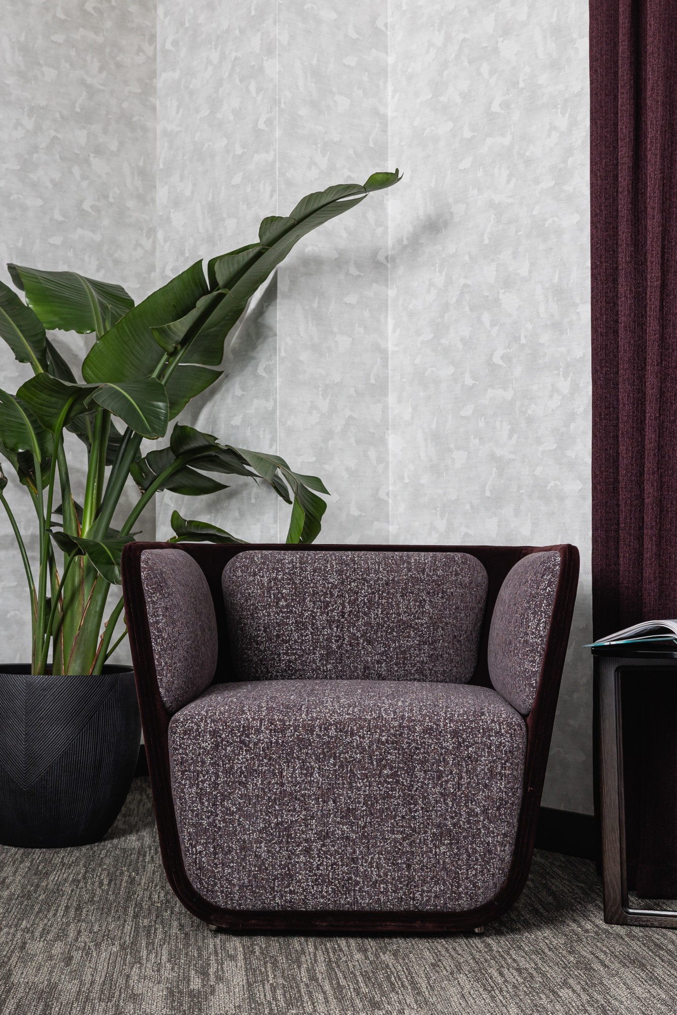4328-13 Wisteria Gun Metal, 4236-12 Basal Garnet, 7555-06 Altair Plum Preserves, V103-01 Hikaru White Birch Installation Image