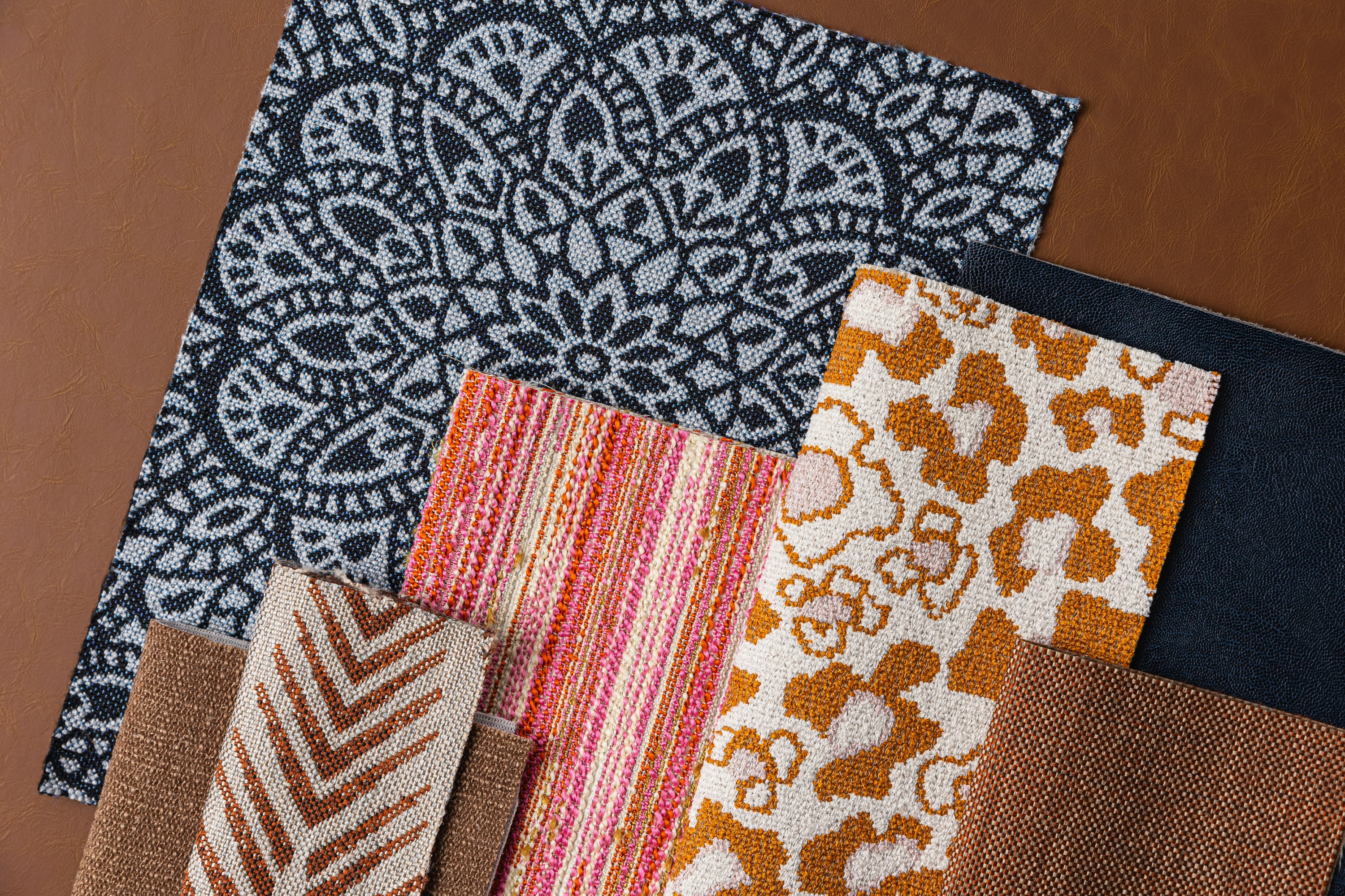 Aries - Burnt Siena, Lotus - Deep Sea, Celosia - Grapefruit, Calathea - Pueblo, Byzantina - Fossa, Tulliana - Orange Tabby, Bower - Pumpkin Amaretto, Galapagos - Midnight Hero Image