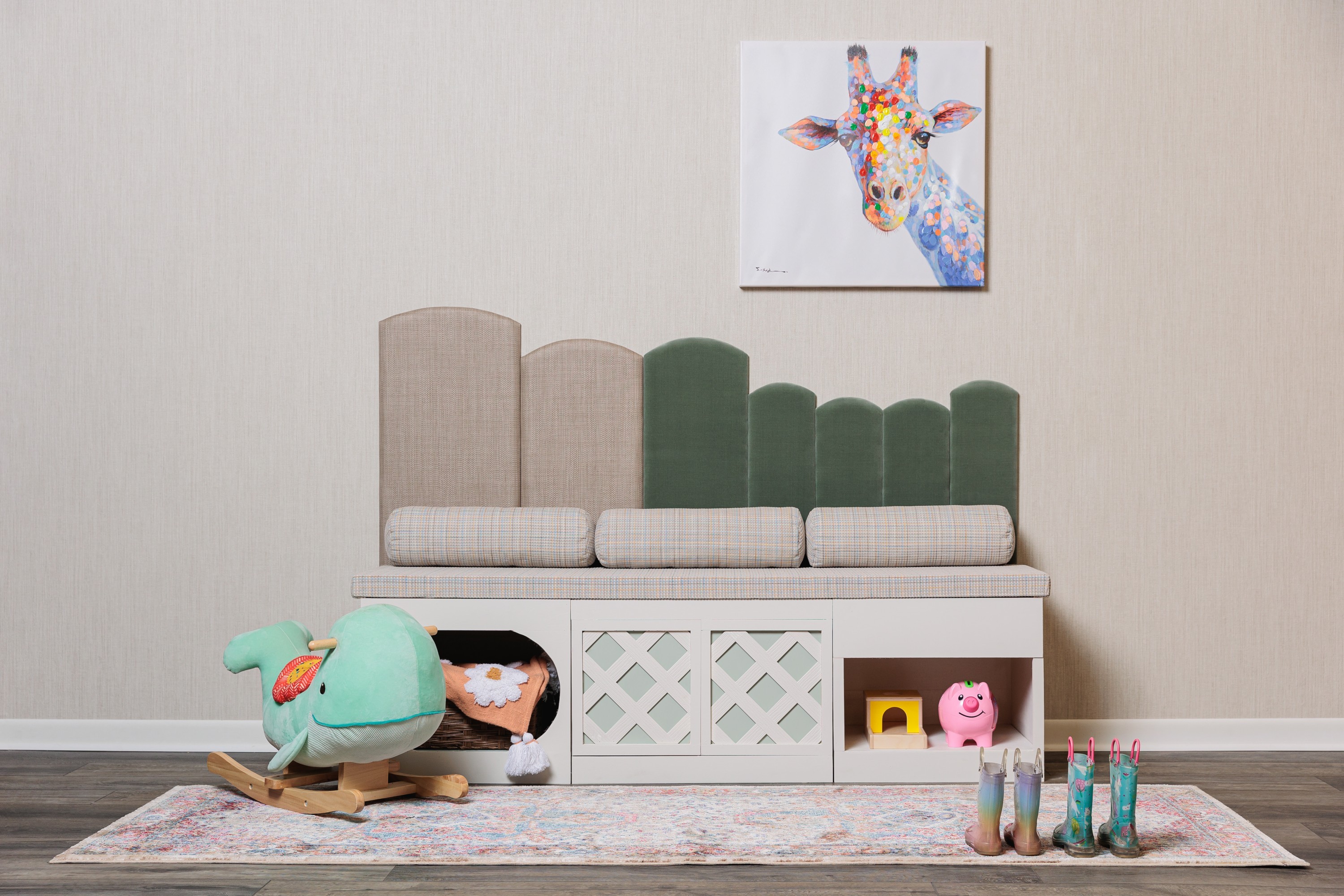 V101-02 Fervor - Slivered Almond, 5731-05 Fantasia Panel - Elevated Taupe, 4250-31 Gem - Jade, 4511-02 Playground San Francisco Installation Image