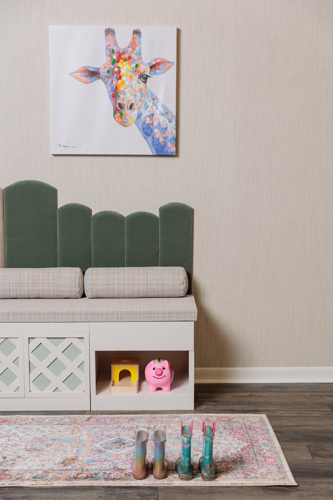 V101-02 Fervor - Slivered Almond, 5731-05 Fantasia Panel - Elevated Taupe, 4250-31 Gem - Jade, 4511-02 Playground San Francisco Installation Image